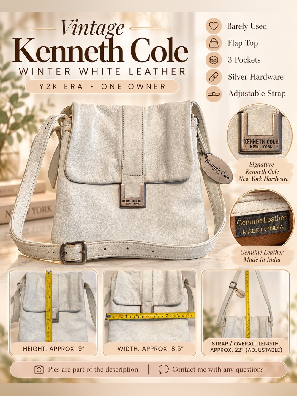 Vintage Kenneth Cole Y2K Winter White Genuine Leather Crossbody Bag